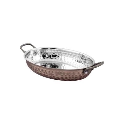 Copper Oval Fry Pan with 2 Side Brass Handles 20.75cm x 15.75cm x 3.75cm - 700ml