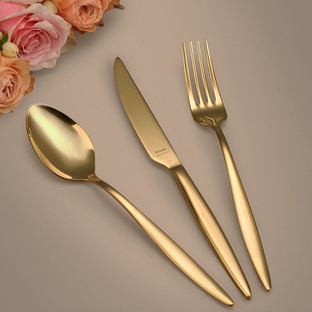 Hisar Mercury 84 Parça 12 Kişilik Çatal Kaşık Bıçak Takımı Titanyum Gold